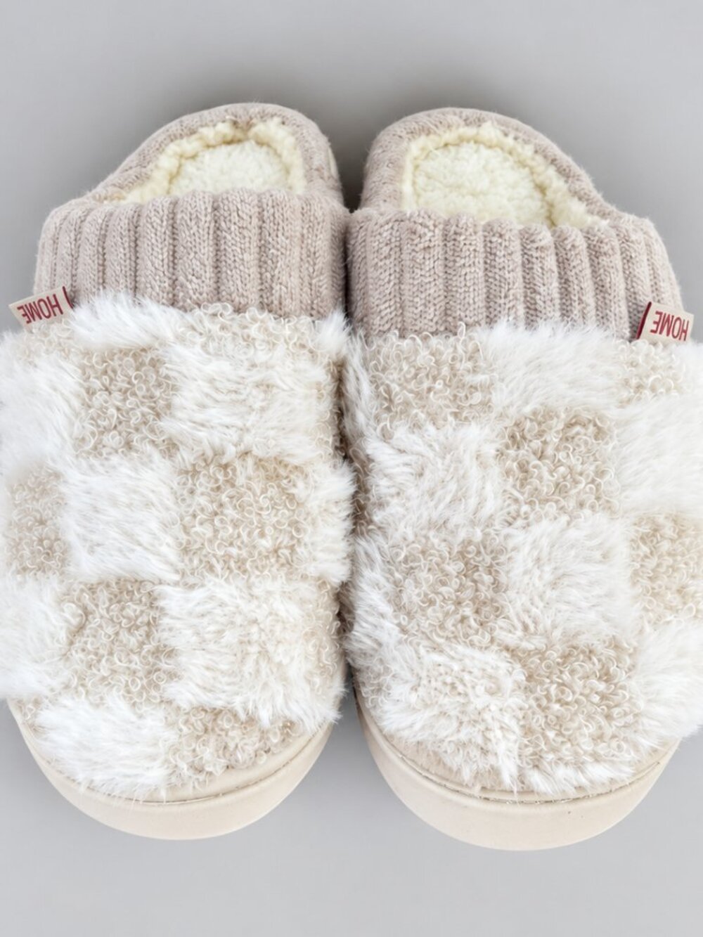 Fuzzy Checkered Memory Foam House Slippers Cream Beige 8.5 / 9.5